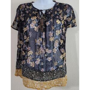 Knox Rose Black Floral Print Sheer Top Small Capped Sleeves Pleated Soft